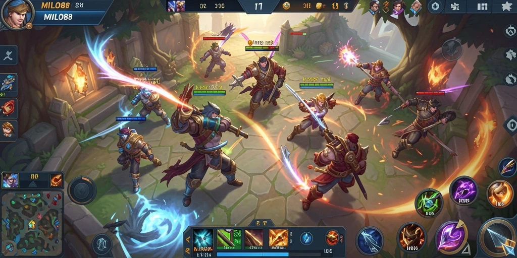 Screenshot gameplay <strong>MILO88</strong> menampilkan intensitas pertarungan antar karakter MOBA.