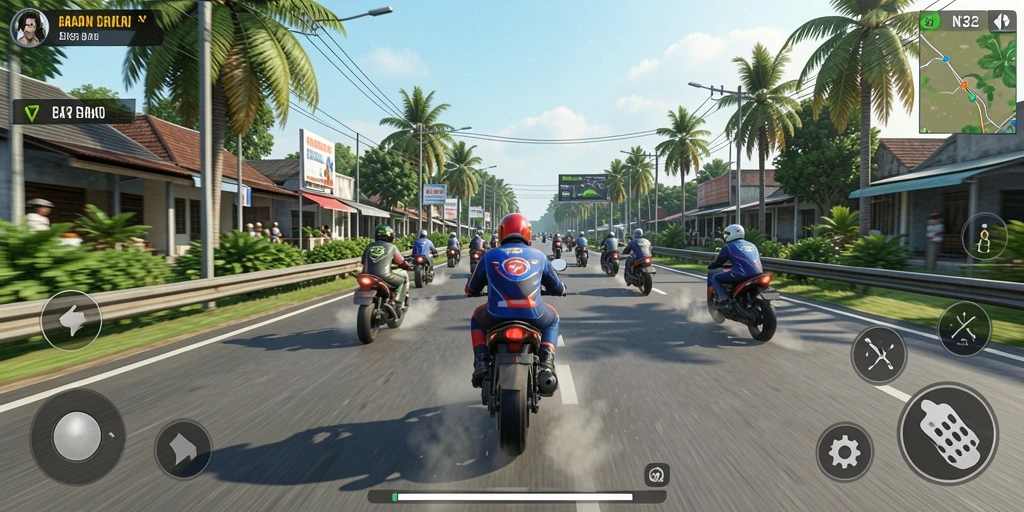 Screenshot dari gameplay N32 yang menampilkan balapan motor yang intens.