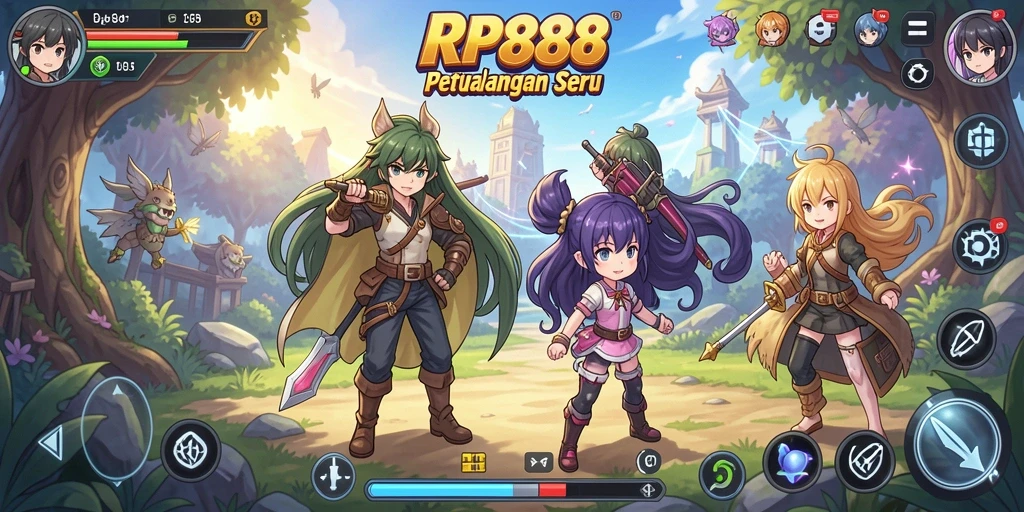Screenshot utama RP888 menampilkan aksi karakter dalam misi Anime.