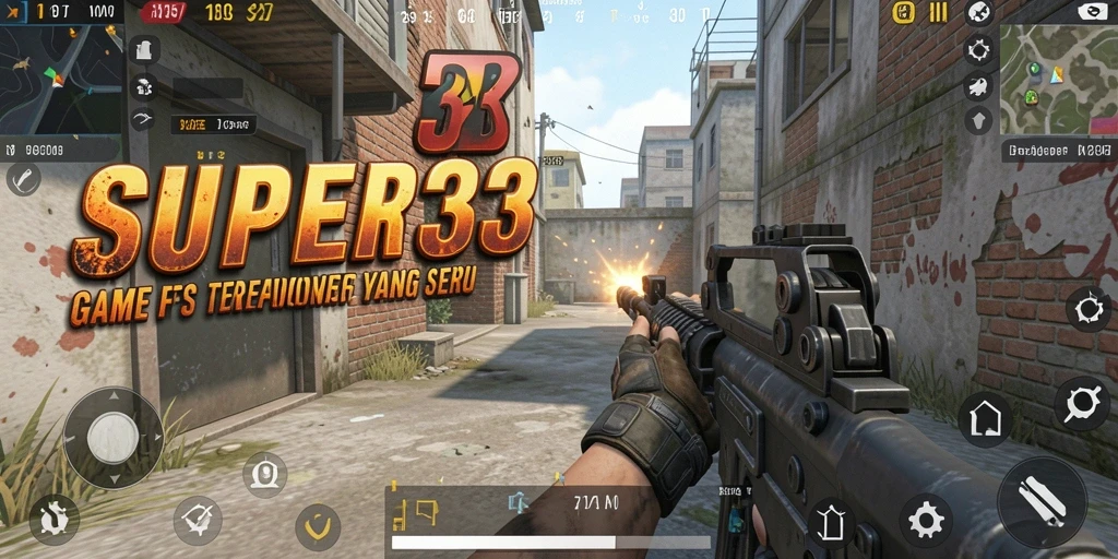 Screenshot gameplay SUPER33 dengan aksi tembak-menembak yang intens.