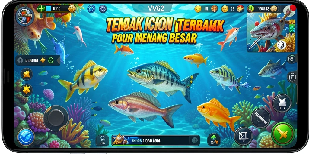 Tampilan gameplay VV62 dengan ikan berwarna-warni dan senjata menembak.